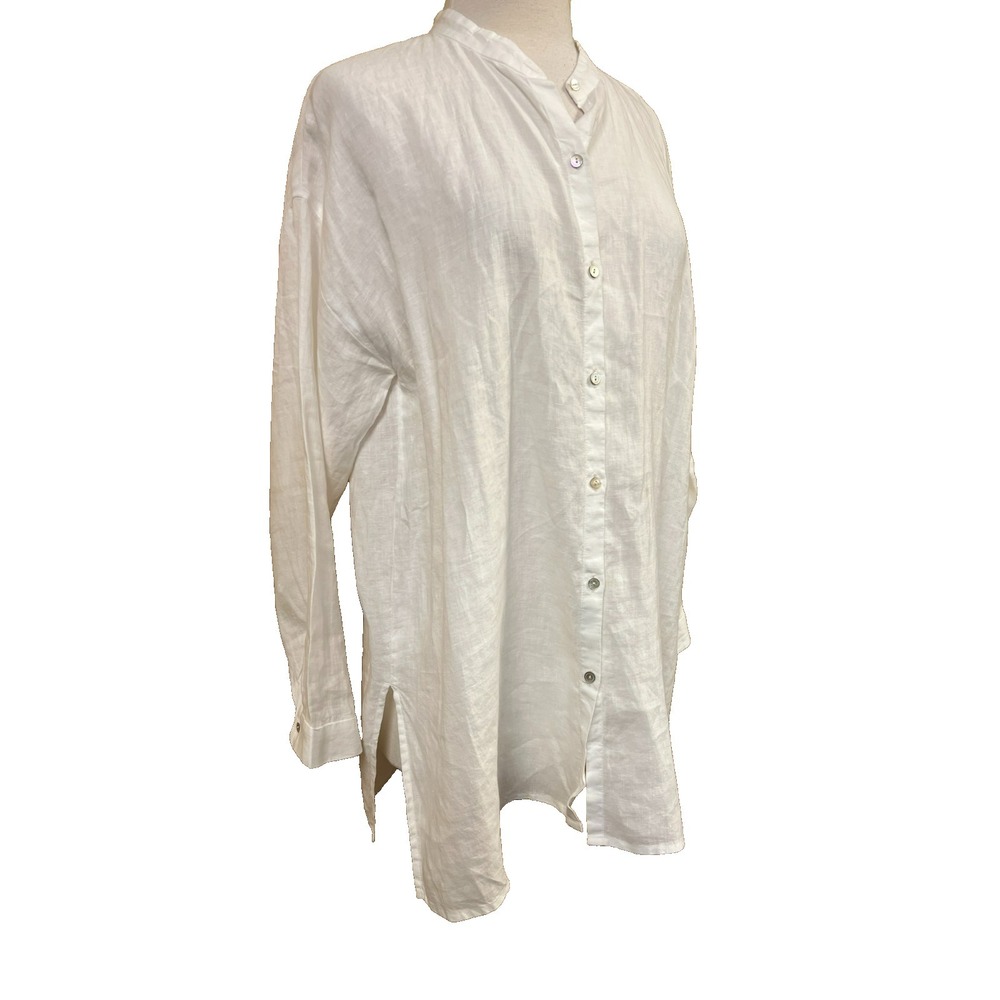 Eileen Fisher Over Size Button Up Blouse White Linen Long Drop Shoulder Sleeve M - Picture 2 of 11